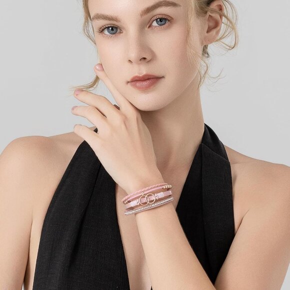 Leather Boho Wrap Bracelet Pink Beaded Infinity Jewelry for Women Gift - Picture 3 of 6